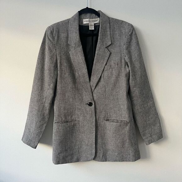 Adolfo Studio Womens  Notch Lapel Single Breasted  Checked Gray Blazer Size 10 - Picture 1 of 10